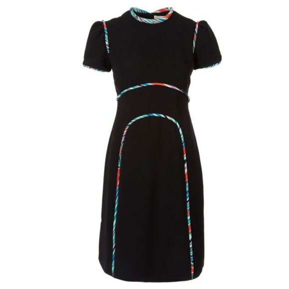 Mary Katrantzou Black Multicolor Contrast Piping Short Sleeve Dress, Size 2 - Picture 4 of 7